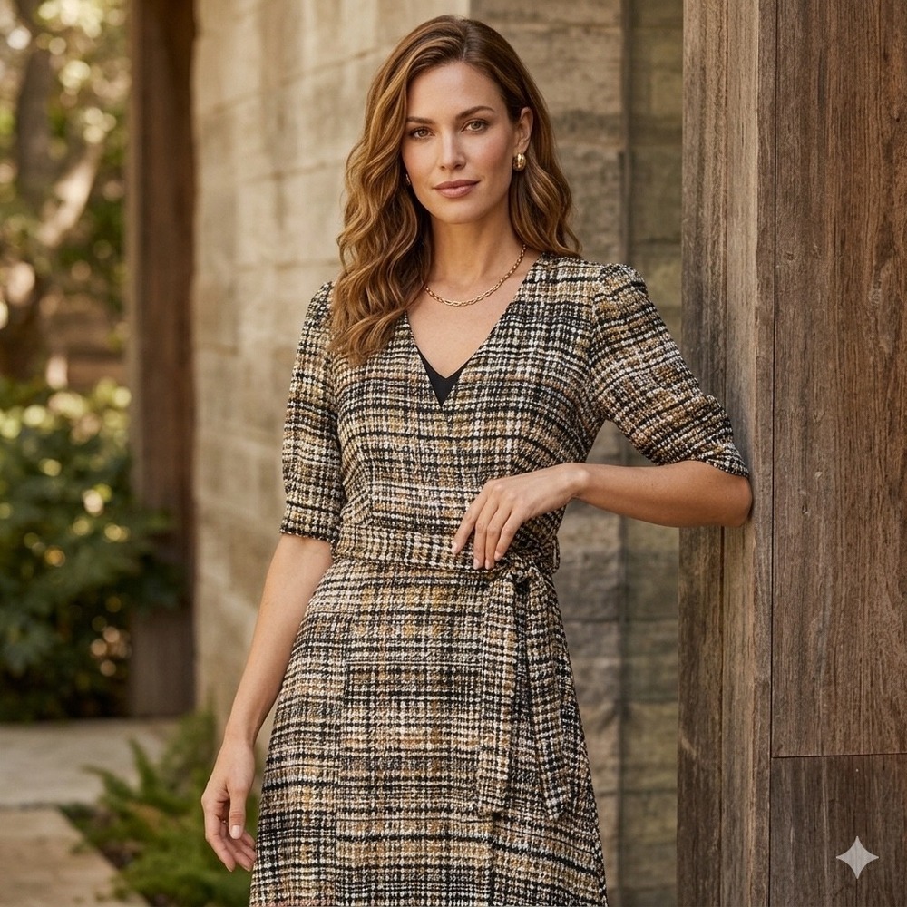 Enfocus Studio Womens Size 4 Faux Wrap Dress Tweed Belted Midi Ruched Career‎